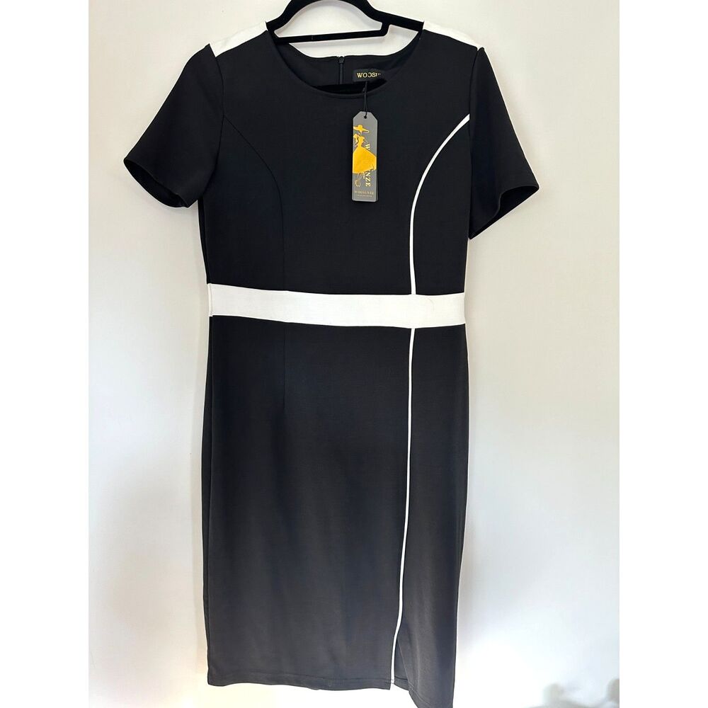 WOOSUNZE Women’s Large Black White Colorblock Sheath Pencil Dress NWT